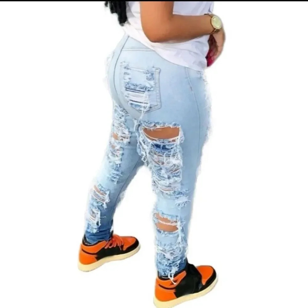 Distressed Skinny Jeans Blue Medium Ripped - Picture 6 of 10